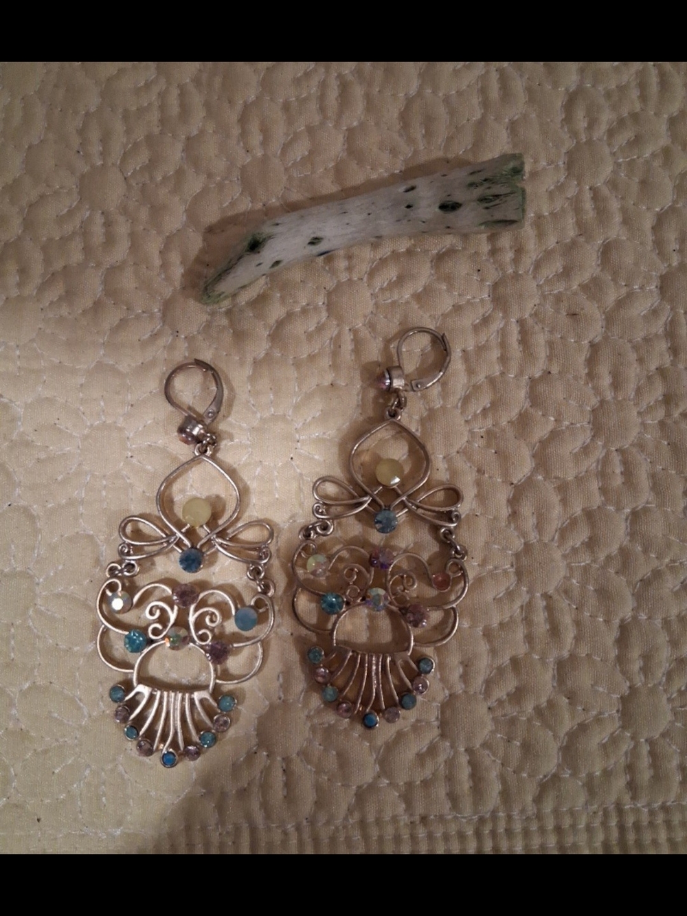 Goldtone Filigree Drop Earrings with Blue and Multicolor Accents